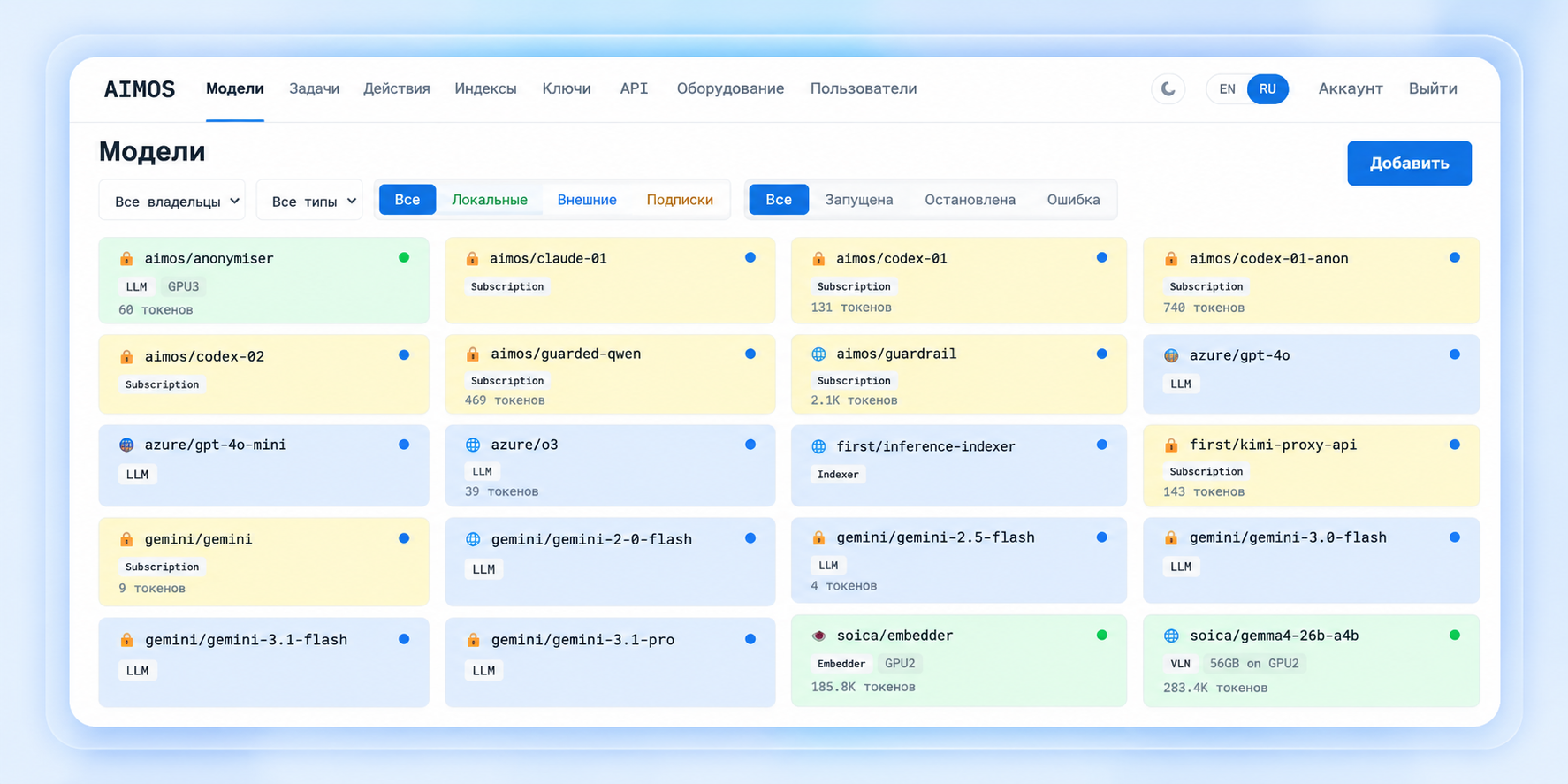 Каталог моделей в интерфейсе AIMoS